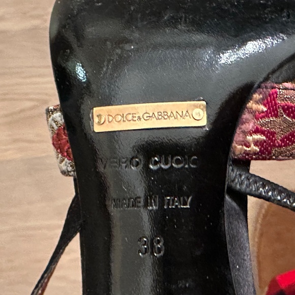 Dolce & Gabbana Vintage Floral Brocade Strappy Heels- Black Satin, Made in Italy - Picture 7 of 7